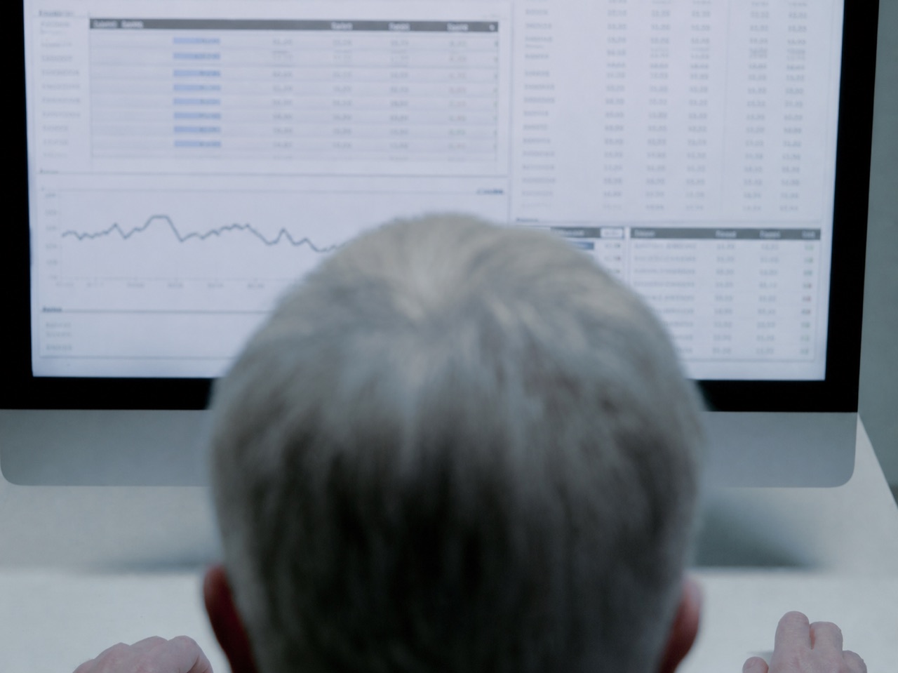 Experienced analyst reviewing portfolio information on a computer