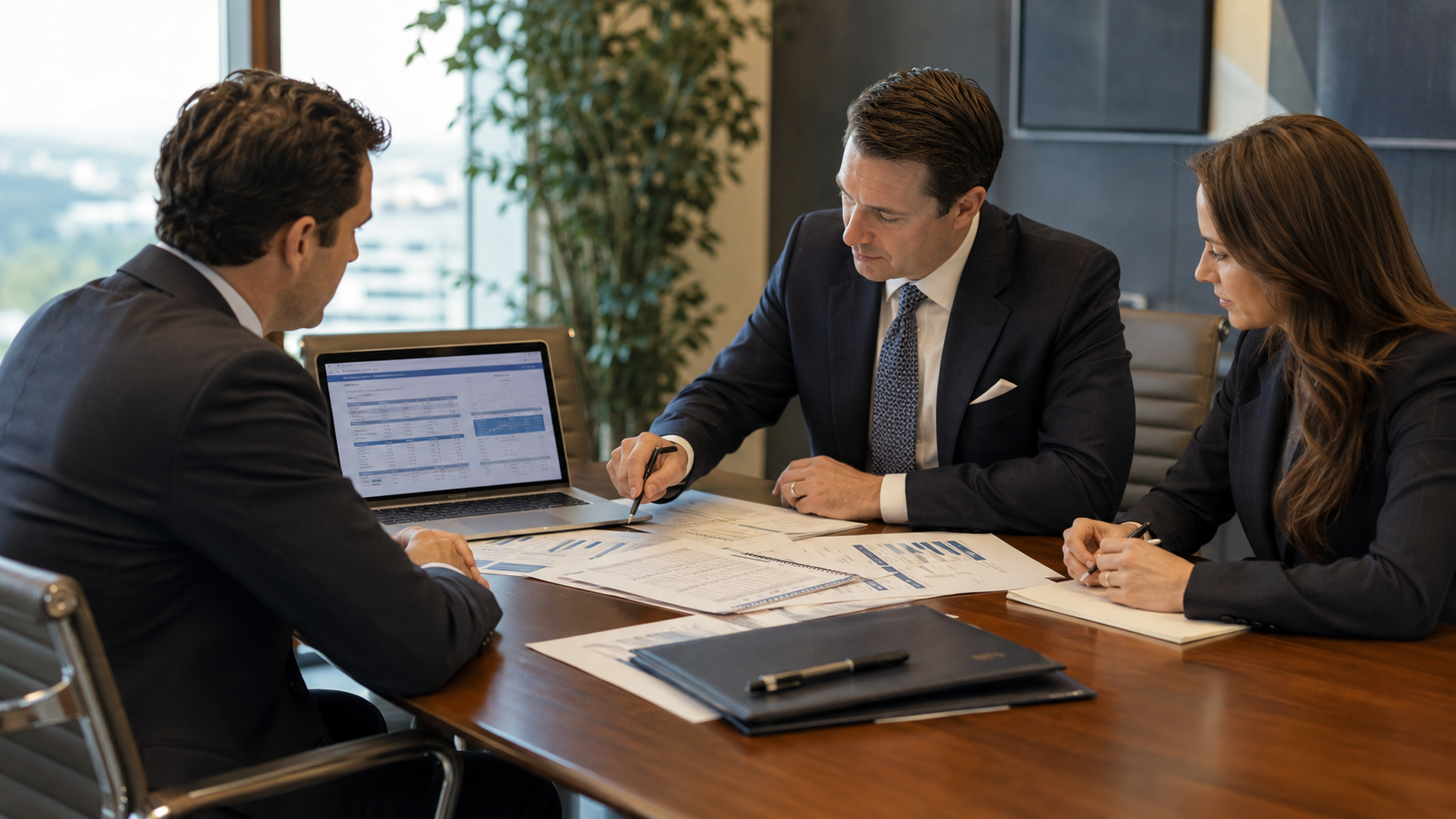 Capital advisors meeting around a conference table reviewing financing terms with borrowers