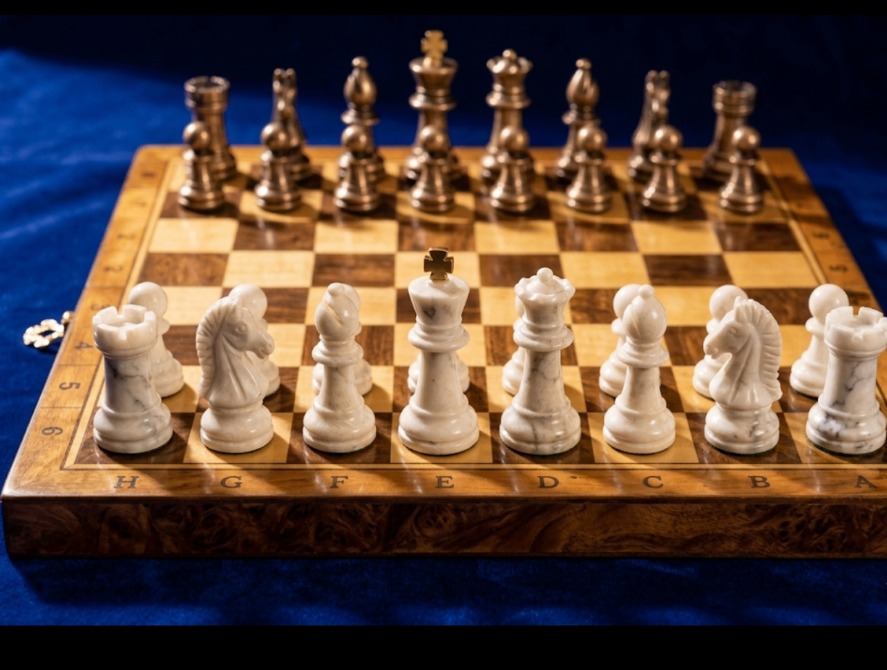 Marble chess board mid-game lit dramatically from the side, navy and gold tones