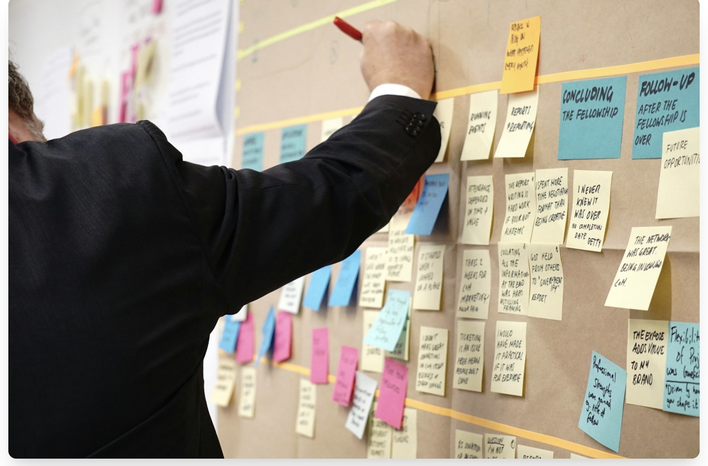 Strategist mapping fellowship workflow on a sticky-note planning wall