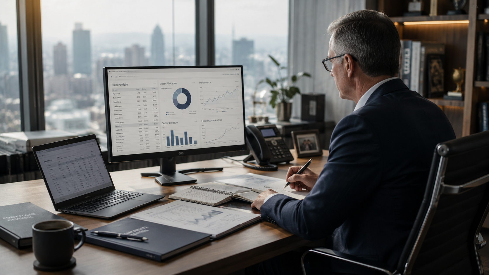Portfolio manager reviewing asset allocation and performance dashboards in a high-rise office