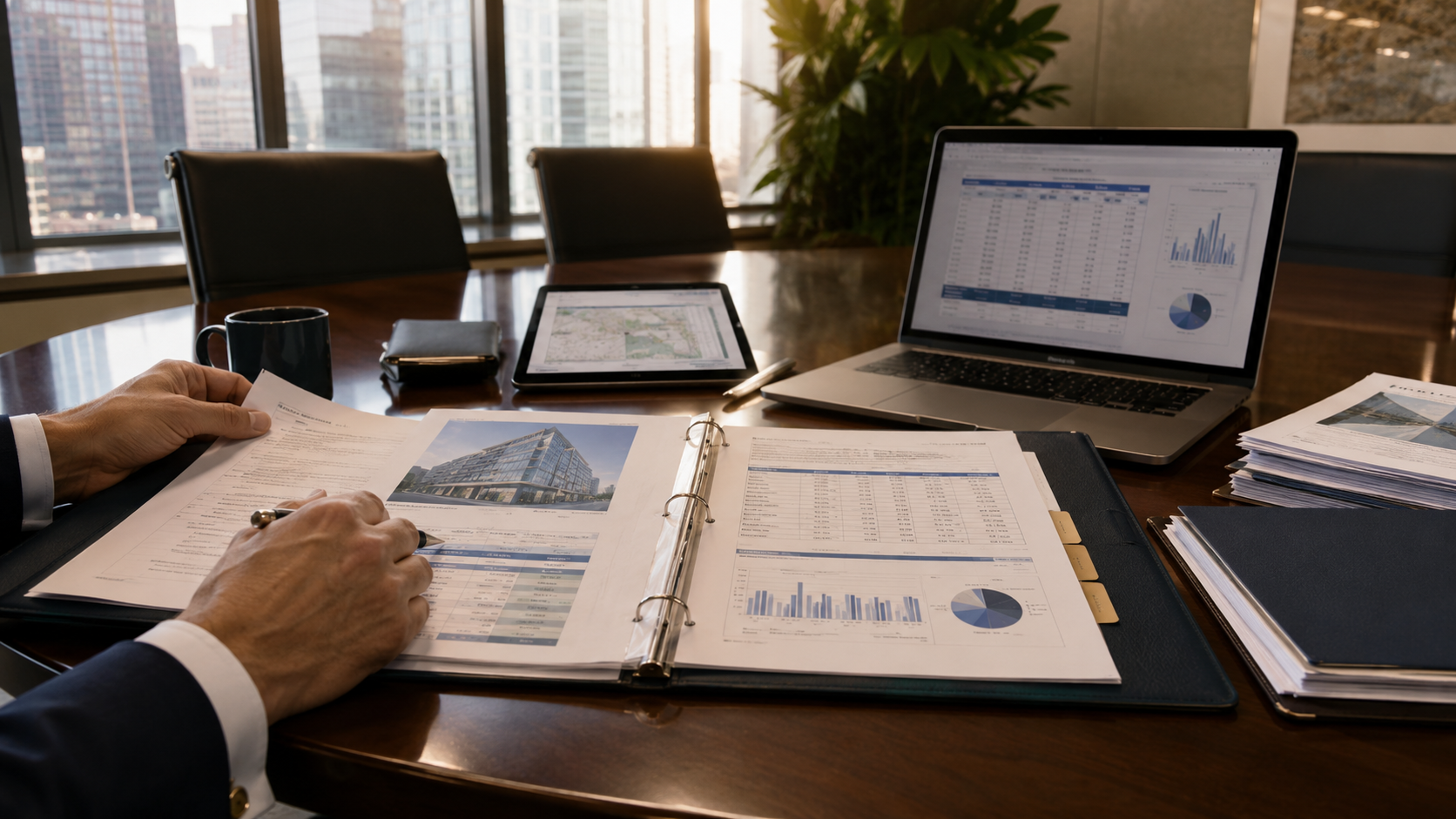 Executive reviewing a lender-ready underwriting binder with financial analysis, charts, and laptop dashboards in a high-rise conference room