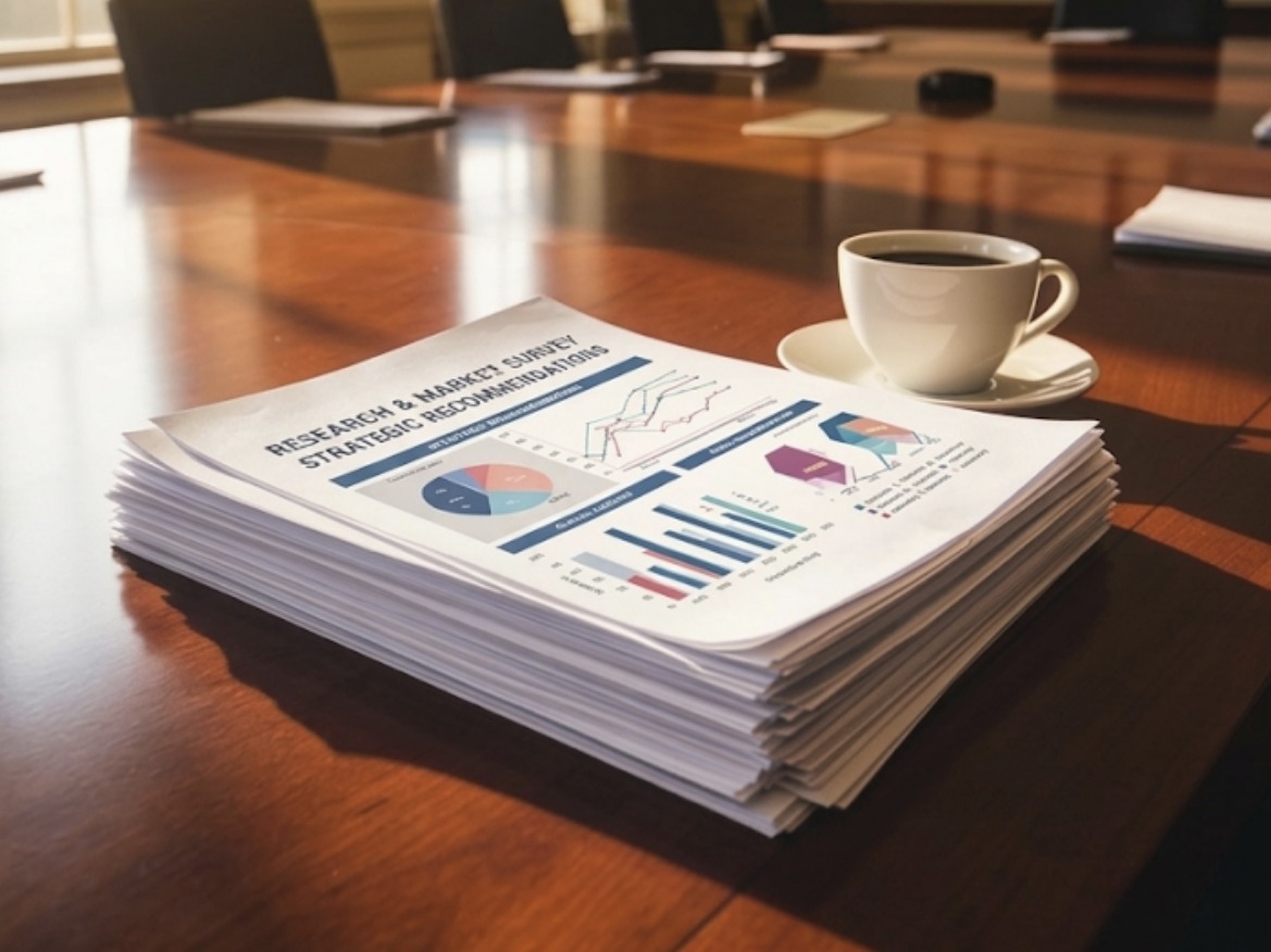Research and market survey strategic recommendations report on a boardroom table with coffee