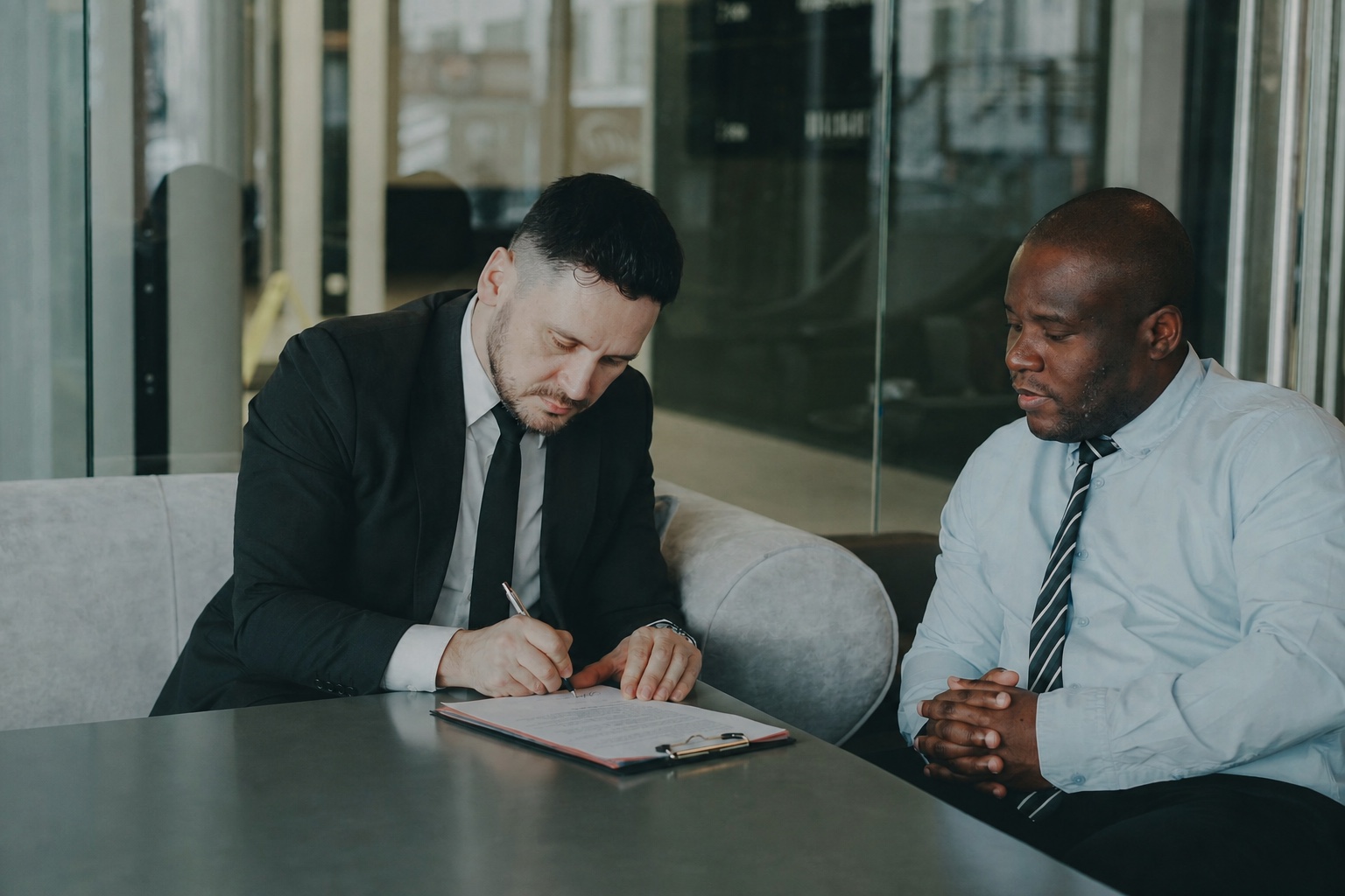 Two finance professionals completing and reviewing refinancing documents